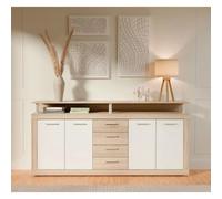 Forte Cava Commode avec 4 Portes, 4 tiroirs et rehausse, Panneau de Particules, Décor Chêne Sonoma avec Blanc, L x H x P : 197,5 x 94,4 x 36,3 cm