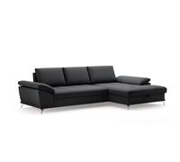 CAVADORE Castiel Canapé d'angle à Ressorts avec Grande Chaise Longue, réglage de la Profondeur d'assise et Pieds en métal Noir Mat, 301 x 89 x 176 cm, en Cuir véritable, Noir