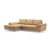 CAVADORE Castiel Canapé d'angle à Ressorts avec Grande Chaise Longue, réglage de la Profondeur d'assise et Pieds en métal Noir Mat, 301 x 89 x 176 cm, en Cuir véritable, Beige