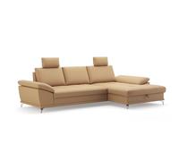 CAVADORE Castiel Canapé d'angle à Ressorts avec Grande Chaise Longue, réglage de la Profondeur d'assise, appuie-tête et Pieds en métal Noir Mat, 301 x 89-114 x 176 cm, en Cuir véritable, Beige