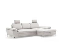CAVADORE Castiel Canapé d'angle à Ressorts avec Grande Chaise Longue, réglage de la Profondeur d'assise, appuie-têtes et Pieds en métal Noir Mat, 301 x 89-114 x 176 cm, en Cuir véritable, Blanc