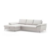 CAVADORE Castiel Canapé d'angle à Ressorts avec Grande Chaise Longue, réglage de la Profondeur d'assise et Pieds en métal Noir Mat, 301 x 89 x 176 cm, Cuir véritable, Blanc