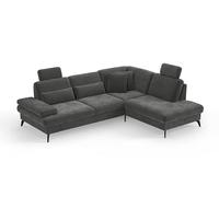 CAVADORE Moritz Canapé d'angle au Design Tendance avec lit, Coffre de lit, réglage de la Profondeur d'assise, appuie-têtes et Pieds en métal Noir Mat / 262 x 82-107 x 212 cm/Microfibre, Olive Grise