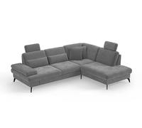 CAVADORE Moritz Canapé d'angle au Design Tendance avec lit, Coffre de lit, réglage de la Profondeur d'assise, appuie-têtes et Pieds en métal Noir Mat / 262 x 82-107 x 212 cm/Microfibre, Gris Moyen