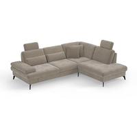 CAVADORE Moritz Canapé d'angle au Design Tendance avec lit, Coffre de lit, réglage de la Profondeur d'assise, appuie-têtes et Pieds en métal Noir Mat, 262 x 82-107 x 212 cm, Microfibre, Beige Perle