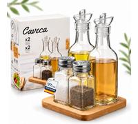 CAVECA Set huilier et vinaigrier anti-goutte en verre 180 ml + salière et poivrière fabriquées en Espagne + distributeur d'huile et de vinaigre de table avec verseur, bouteilles en verre huile d'olive