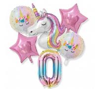 CavspkArt Lot de 6 ballons autoportants en forme de licorne 3D pour filles - Grand chiffre 6 - Étoile - Décoration de fête d'anniversaire - Thème violet rose arc-en-ciel (chiffre 0)