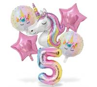 CavspkArt Lot de 6 ballons autoportants en forme de licorne 3D pour filles - Grand chiffre 6 - Étoile - Décoration de fête d'anniversaire - Thème violet rose arc-en-ciel (chiffre 5)