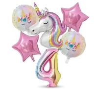 CavspkArt Lot de 6 ballons autoportants en forme de licorne 3D pour filles - Grand chiffre 6 - Étoile - Décoration de fête d'anniversaire - Thème violet rose arc-en-ciel (chiffre 4)