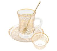 CAXUSD Ensemble Tasse à Café Vintage en Verre 200 Ml avec Soucoupe et Cuillère, Bord Doré en Alliage, Tasses à Latte Décoratives pour Bureau et Maison, pour Cappuccino et Thé