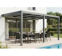 Cazeboo Pergola Bioclimatique Adossée AGOSTA - 509 x 304 cm - 5,09 m x 3,04 m 15,3 m² - Aluminium Gris Anthracite - Lames Acier Orientables 0 à 110° - Résistance Vent 80 km/h - Manivelle Incluse