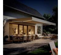 CAZEBOO Store Banne Beige Motorisé FAZZIO 495 x 300 cm - 5 x 3 m - 15 m² Aluminium LED Intégrées Protection Terrasse Balcon Électrique Confort Automatique Capteur Vent Toile 320 g/m² Moteur IP55