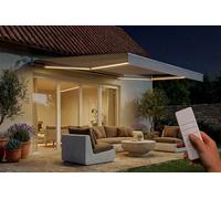 Cazeboo Store banne électrique Semi-Coffre 4x3 m FAZZIO, LED intégrées, capteur Vent + Soleil, Toile Polyester 320 g/m² UV50+, Aluminium, télécommande, Beige