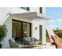 Cazeboo Store banne motorisé 3x2,5m Semi-Coffre Blanc - Toile Beige 320g/m² UV50+ - 7,5 m² ombrage terrasse Balcon - Capteur Vent Inclus - Structure Aluminium - Télécommande