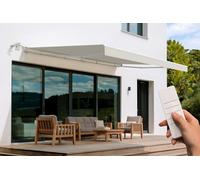 Cazeboo Store banne motorisé 5x3m Semi-Coffre - Toile Beige 320g/m² UV50+ - Structure Aluminium Blanc - Capteur Vent Inclus - 15 m² ombrage terrasse - Télécommande