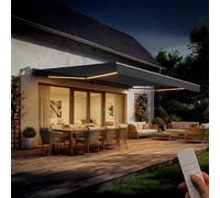 Cazeboo Store Banne Motorisé FAZZIO 495 x 300 cm 5 m 15 m² Gris Anthracite Aluminium LED Intégrées Terrasse Balcon Électrique Confort Automatique Capteur Vent Toile 320 g/m² Inclinaison 30-100°