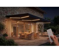 CAZEBOO Store Banne Motorisé LED FAZZIO 595x300 cm 6x3 m 18 m² Gris Anthracite Semi Coffre Toile 320 g/m² Protection UV50+ Terrasse Automatique Capteur Vent Inclinaison 30-100° Moteur Électrique