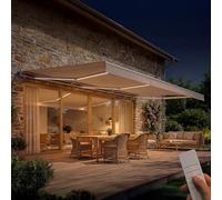 Cazeboo Store Banne Motorisé Semi Coffre FAZZIO - 595 x 300 cm - 5,95 m x 3 m 18 m² - Structure Aluminium Blanche - Toile Beige 320 g/m² - LED Intégrées - Capteur Vent Inclus - UV50+