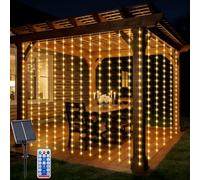 CCILAND Rideau lumineux solaire d'extérieur 2 x 2 m, 200 LED, 8 modes, étanche, pour décoration de jardin, terrasse, tonnelle, blanc chaud