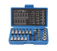 CCLIFE 34 Pièces Coffret douilles torx femelle 3/8" profil E4-E20, Embout torx étoilé profil T10-T60 en Acier S2, Adaptateur 3/8' à 5/16' CR-V Douille Etoile