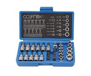 CCLIFE 34 Pièces Coffret douilles torx femelle 3/8" profil E4-E20, Embout torx étoilé profil T10-T60 en Acier S2, Adaptateur 3/8' à 5/16' CR-V Douille Etoile