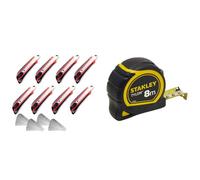 CCLIFE 8 pcs Cutter professionnel rétractable métal 18mm avec 40 lames avec Poignée en Antidérapant & STANLEY Mètre Tylon Boitier Bi Matière 8m x 25mm - Ruban Anti-Corrosion - Blocage du Ruban