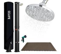 CCLIFE Douche Solaire, Douche de Jardin Solaire de 35 litres,avec Fond en Bois WPC et Housse de Protection, Pommeau de Douche Réglable, Température de l'eau Réglable Jusqu'à 60°