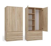 CDF Armoire Chambre 2 Portes 2 Tiroirs avec Etagères, Adult Bedroom Armoire Une Tringle Dressing Placard Multifonction Meuble de Penderie Panneau Stratifié 16mm Largeur 90 cm Chêne Sonoma