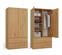 CDF Armoire Chambre 2 Portes 2 Tiroirs avec Etagères, Adult Bedroom Armoire Une Tringle Dressing Placard Multifonction Meuble de Penderie Panneau Stratifié 16mm Largeur 90 cm Chêne Artisan