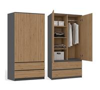 CDF Armoire Chambre 2 Portes 2 Tiroirs avec Etagères, Adult Bedroom Armoire Une Tringle Dressing Placard Multifonction Meuble de Penderie Panneau Stratifié 16mm Largeur 90 cm Chêne Artisan/Anthracite