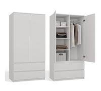CDF Armoire Chambre 2 Portes 2 Tiroirs avec Étagères Largeur 90 cm Blanc | Panneau stratifié 16 mm, tringle de penderie, dressing adulte, rangement des vêtements, meuble pour intérieur
