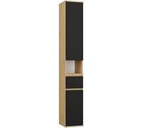 CDF Armoire Colonne 202cm 2 Portes Tiroir Étagères Réglables Étroite 30cm Salon Chambre Couloir Salle Bain Bureau Rangement Organisateur Moderne Élégante Polyvalente Noir Chêne Artisan 16mm Panneau