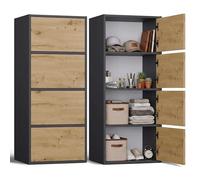 CDF Armoire De Rangement Haute 50cm 4 Portes 4 Étagères Salon Bureau Entrée Chambre Couloir Meuble Buffet Commode Placard Dressing Vestiaire Push-to-Open sans Poignée Moderne Anthracite Chêne Artisan