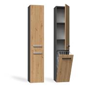 CDF Armoire de Salle de Bain Haute et étroite avec Panier à Linge, larg.: 31 cm Meuble de Rangement Adapté aux Petits Espaces, WC Couloir Chêne Artisan/Anthracite, 30x31x174 cm Résistant à l’Humidité