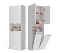 CDF Armoire Haute Salle de Bain Meuble Colonne de Salle de Bain Armoire de Rangement à 4 Portes avec Etagère Réglable pour Salon Cuisine - 60x30x174 cm Blanc Le Luisant - 2 Paniers à Linge