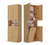 CDF Armoire Haute Salle de Bain Meuble Colonne de Salle de Bain Armoire de Rangement à 4 Portes avec Etagère Réglable pour Salon Cuisine - 60x30x174 cm Chêne Artisan - 1 Panier à Linge