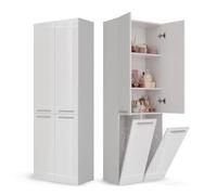 CDF Armoire Haute Salle de Bain Meuble Colonne de Salle de Bain Armoire de Rangement à 4 Portes avec Etagère Réglable pour Salon Cuisine - 60x30x174 cm Blanc Le Luisant - 2 Paniers à Linge