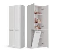 CDF Armoire Haute Salle de Bain Meuble Colonne de Salle de Bain Armoire de Rangement à 4 Portes avec Etagère Réglable pour Salon Cuisine - 60x30x174 cm Blanc Le Luisant- 1 Panier à Linge