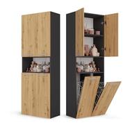 CDF Armoire Haute Salle de Bain Meuble Colonne de Salle de Bain Armoire de Rangement à 4 Portes avec Etagère Réglable pour Salon Cuisine - 60x30x174 cm Anthracite/Chêne Artisan - 2 Paniers à Linge