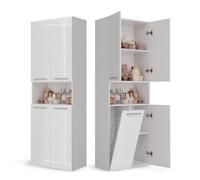 CDF Armoire Haute Salle de Bain Meuble Colonne de Salle de Bain Armoire de Rangement à 4 Portes avec Etagère Réglable pour Salon Cuisine - 60x30x174 cm Blanc Le Luisant- 1 Panier à Linge