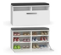 CDF Banc d'Entrée Meuble à Chaussures 6 Compartiments 85x35x46 cm Blanc | Assise avec Coussin, Porte Battante, Rangement Fermé, Mobilier pour Hall, Usage Quotidien, pour Maison et Appartement