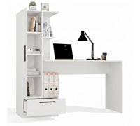 CDF Bureau avec Étagère Tiroir 140cm 3 Compartiments Gaming Télétravail Bureau Ordinateur Ergonomique Plan de Travail Chambre Adolescent Chambre Enfant Rangement Coulisses Blanc Panneau Aggloméré 16mm