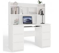 CDF Bureau Informatique Blanc avec Étagère Supérieure Bibliothèque 6 Tiroirs Tablette Clavier, Table de Travail Secrétaire Télétravail Ordinateur Chambre Ado Enfant Aesthetic, Taille 130x51x146 cm