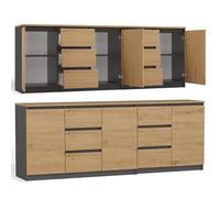 CDF Commode 200cm Chêne Artisan Anthracite 3 Portes 6 Tiroirs sans Poignées Meuble de Rangement Salon Chambre Bureau Entrée Couloir Grand Espace Design Moderne Rails Rouleaux Panneau Particules 16mm