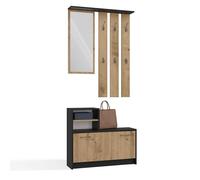 CDF Ensemble Meubles Entrée Complet Vestiaire Miroir Porte-Manteaux Mural 6 Crochets Armoire à Chaussures 9 Paires Rangement Couloir Moderne Compact Placard 85 x 24 x 180 cm Chêne Artisan Anthracite
