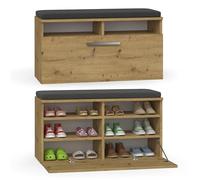 CDF Meuble à Chaussures avec Banc intégré, Coussin d'assise, Banc d'entrée, Coffre à Chaussures, Armoire-Banc avec Porte battante, 6 Compartiments, mobilier d'entrée 85 x 35 x 46 cm - Chêne Artisanal