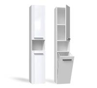 CDF Meuble de Salle de Bain Colonne Étroite Blanc Brillant 30x31x174 cm | Avec Panier à Linge, Résistant à l'Humidité, Pour Petits Espaces, Couloir, Organisation Verticale Quotidienne