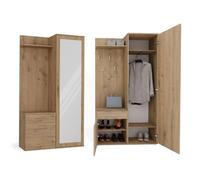 CDF Meuble d'Entrée Vestiaire avec Miroir Coulissant - 35x50x180 cm | Chêne Artisan Naturel, panneau à crochets, étagère à chaussures, tiroir intégré, rangement pour hall et couloir