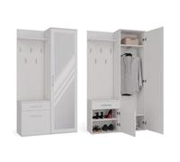 CDF Meuble d'Entrée Vestiaire avec Miroir Coulissant Blanc - 35x50x180 cm | Finition Blanche, panneau à crochets, étagère à chaussures, tiroir intégré, rangement pour hall et couloir