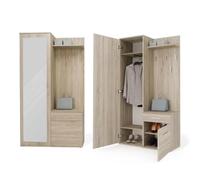 CDF Meuble d'Entrée Vestiaire avec Miroir Coulissant Tiroir - 35x50x180 cm | Chêne Sonoma, porte-manteau à crochets, rangement pour hall et couloir, espace pour chaussures et vestes